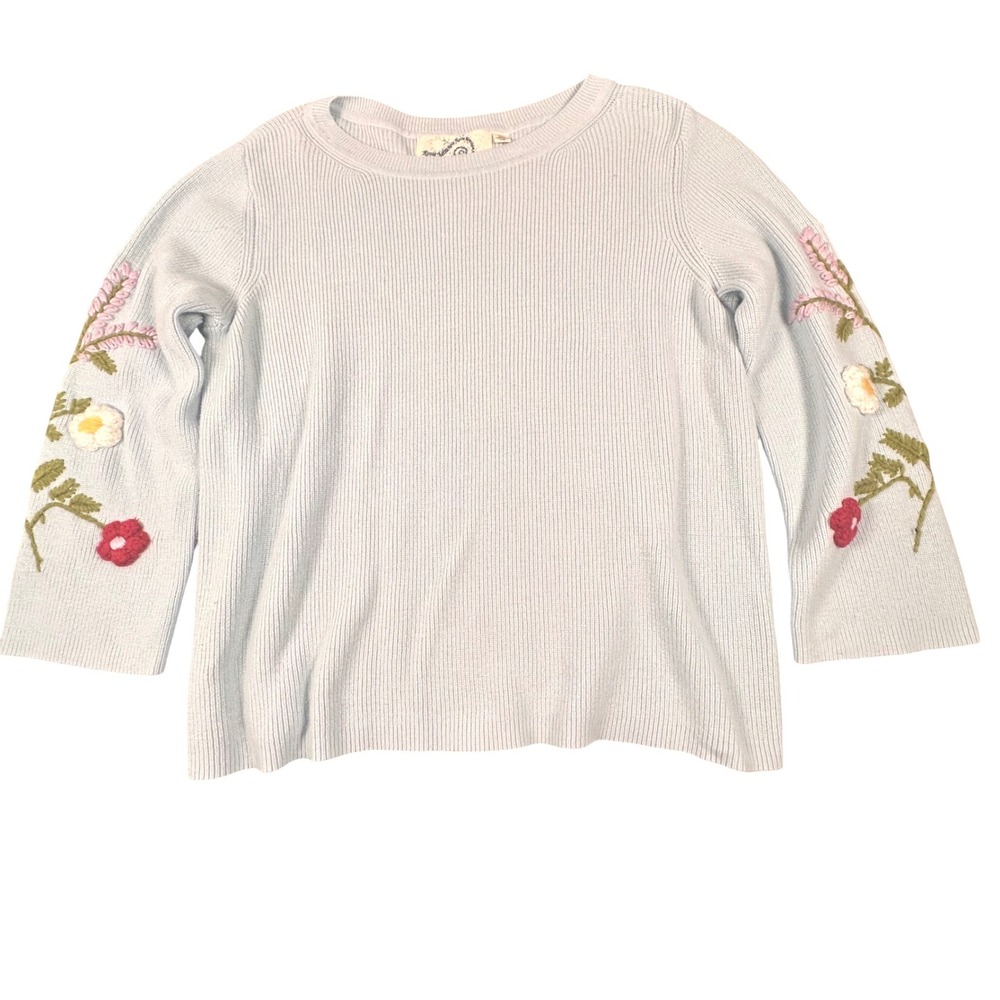 Rosie Neira Light Blue Ribbed Floral Embroidered 3/4 Sleeve Sweater Medium